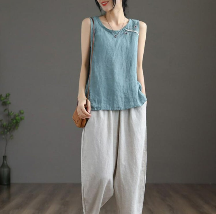 Cotton Linen Vest Female Artistic Embroidery Outer Wear Inner Wear