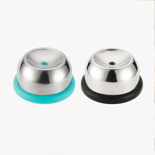 Two metallic objects with colorful rubber bases on a white background