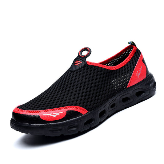 Black and red slip-on shoe on a white background