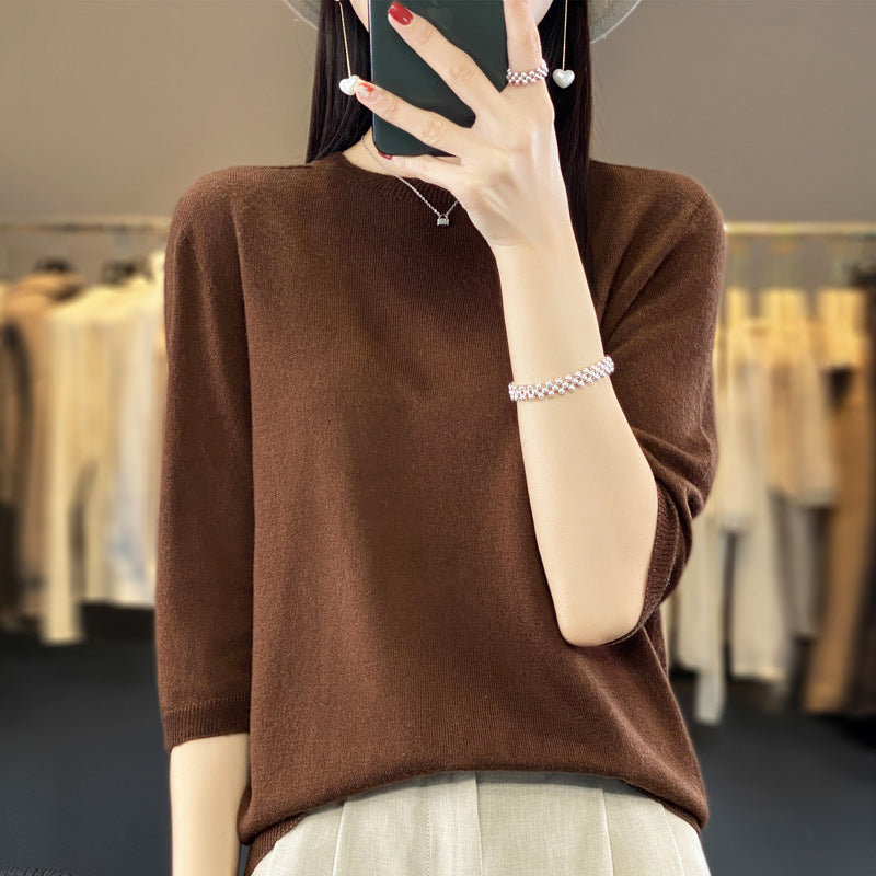 Front Line Ready-made Garments Worsted Sweater Half Sleeve Round Neck Pure Color All-matching Loose T-shirt