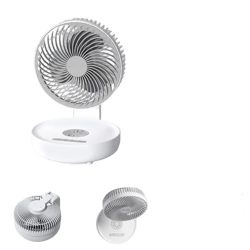 A compact, portable electric fan in a classic elegant light yellow color, displayed from multiple angles showcasing its design and features such as the 12-hour battery life, 4-speed timing, and oscillating functions.
