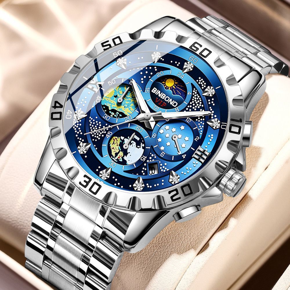 Silver wristwatch with a detailed blue face on a beige background