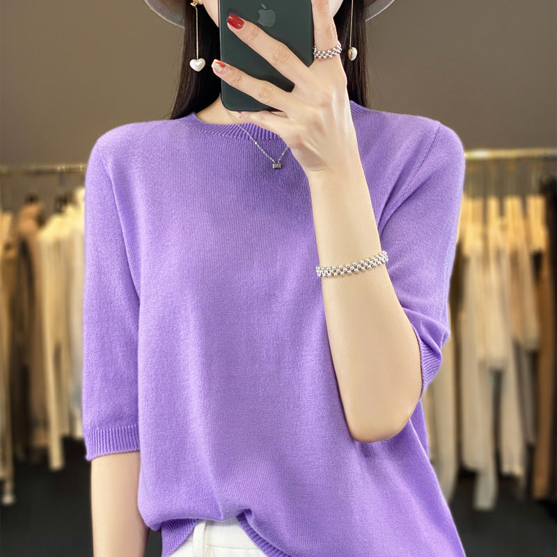Front Line Ready-made Garments Worsted Sweater Half Sleeve Round Neck Pure Color All-matching Loose T-shirt