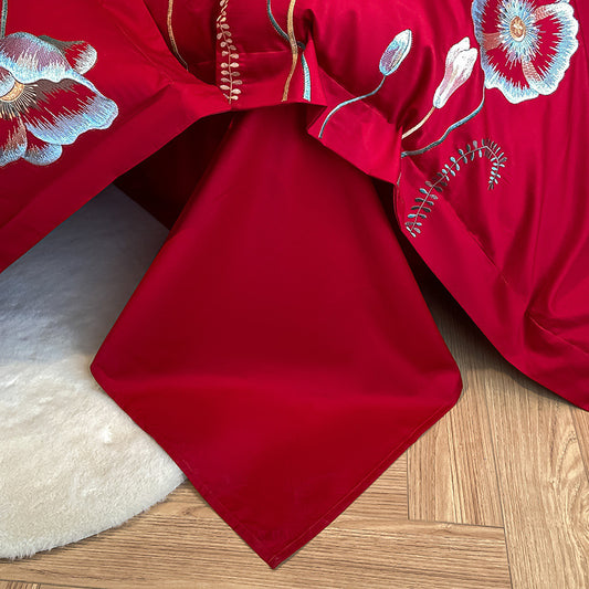 Pure Cotton Bed Sheet Duvet Cover Set - Embroidered Long-Staple Cotton (Four-Piece Set)