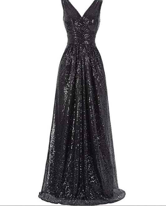 Black sequin evening gown on a white background