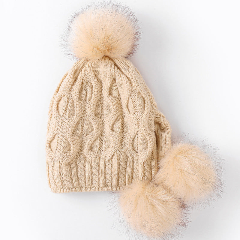 Ladies Knitted Hat with Three Rabbit Hair Balls