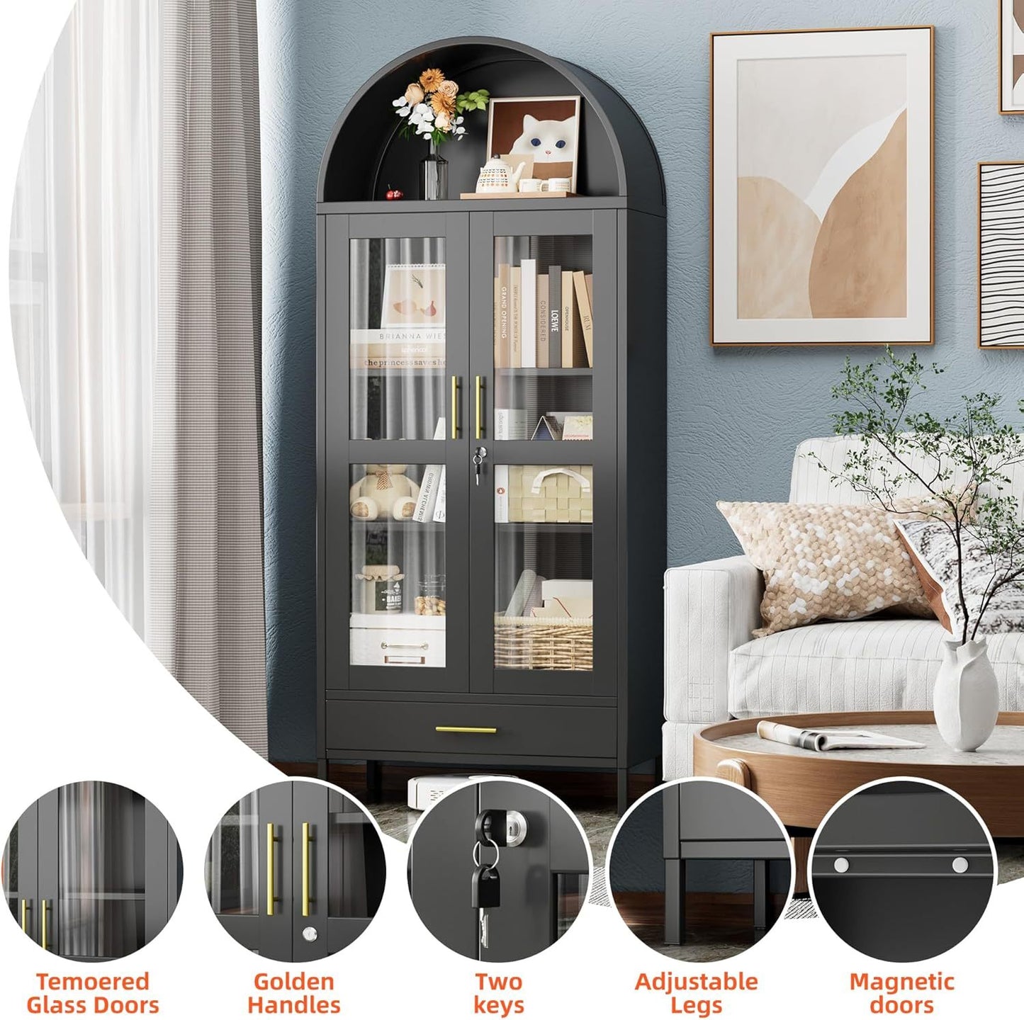 Metal Arched Display Cabinet With Lock, Modern Arch Kitchen Pantry Storage Cabinet With Glass Doors 1 Drawer For Living Room, Bookshelf, Assembly Required Black
