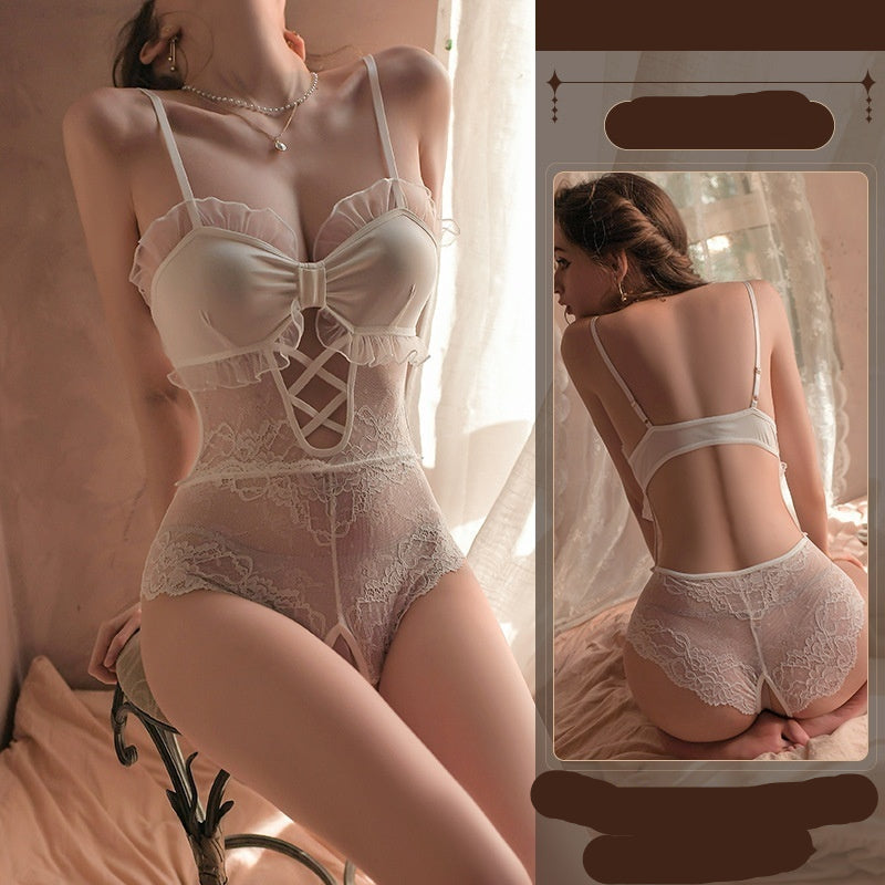 Lace lingerie set with a woman sitting on a bed, promotional text on the side.