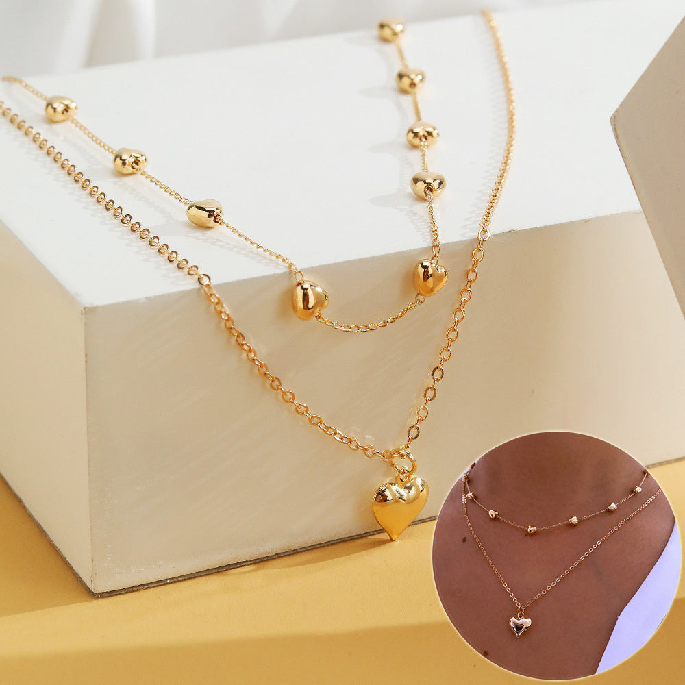 Double-Layer Heart Pendant Fine Chain Necklace