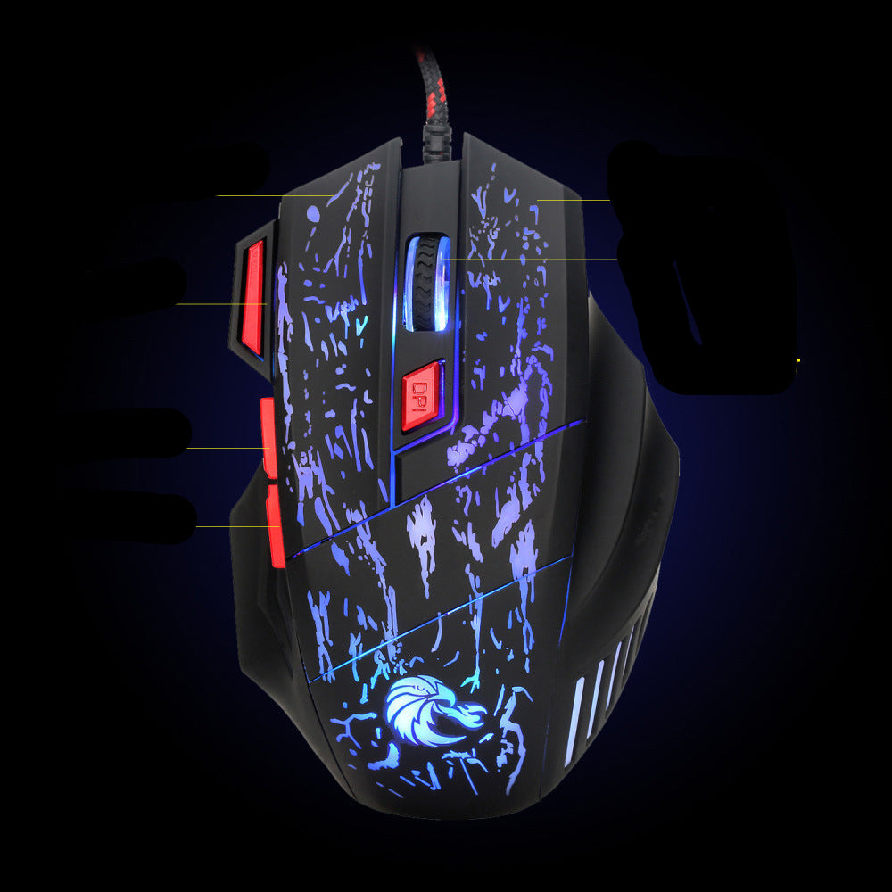Gaming mouse with labeled buttons on a dark background