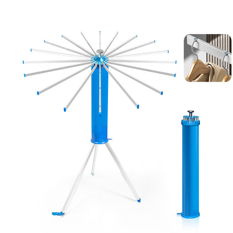 Blue outdoor clothes drying rack with measurements on a white background