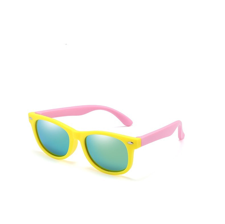 Yellow and pink sunglasses with reflective lenses on a white background