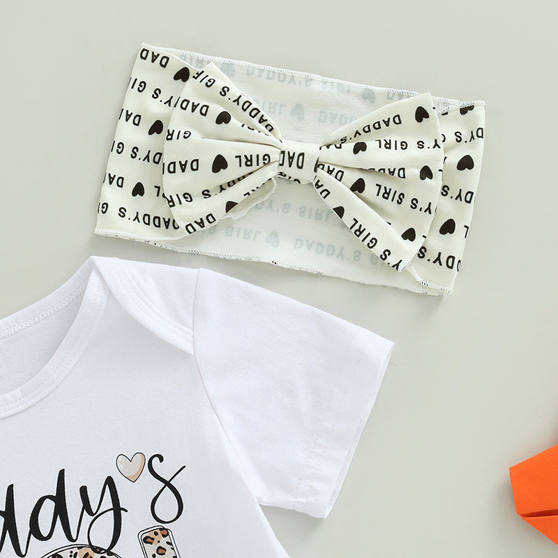 Summer Baby Girl Short Sleeve Adjustable Clothes Pants Hair Accessories Three-piece Set