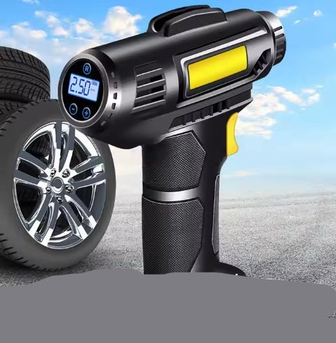 A portable handheld car tire inflator with a digital display, shown with dimensions.