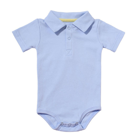 Light blue baby onesie with collar on a white background