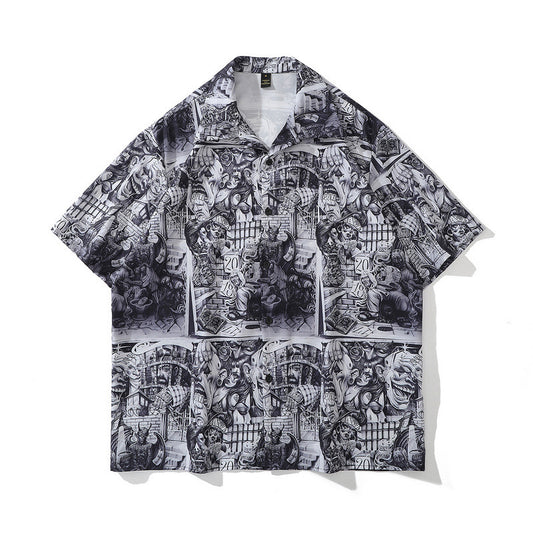 A short-sleeved chemical fiber shirt featuring a black and white floral pattern with a lapel collar.