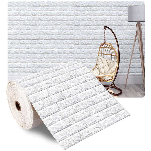 Roll of textured white wallpaper with a hanging chair in the background
