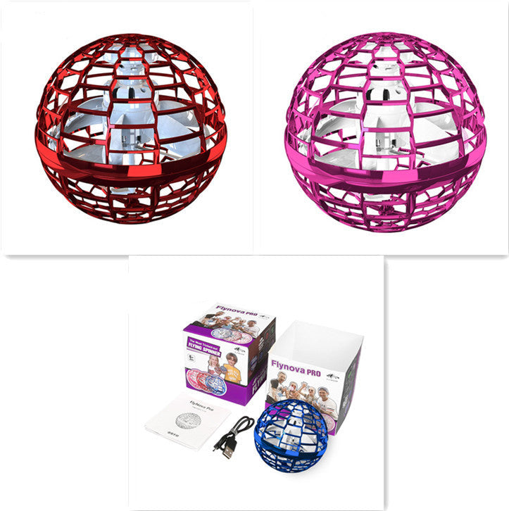 Two red and two pink flying ball toys with packaging and manuals on a white background
