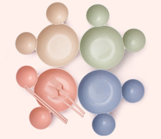 Wheat Straw Children's Bowl Set - Mickey Mouse Cartoon with Chopsticks, Fork, and Spoon