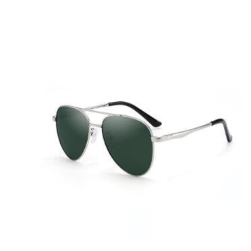 A pair of vintage style sunglasses with a metallic frame and dark polarized lenses.