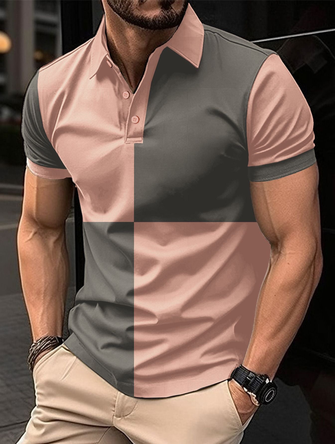 Casual Sports Short Sleeve Color Stitching Turnover Neck Polo Shirt for Men