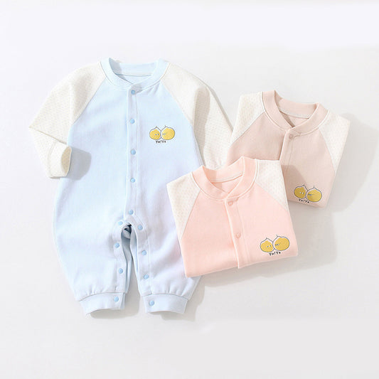 Two baby rompers, one light blue and one pink, on a white background.
