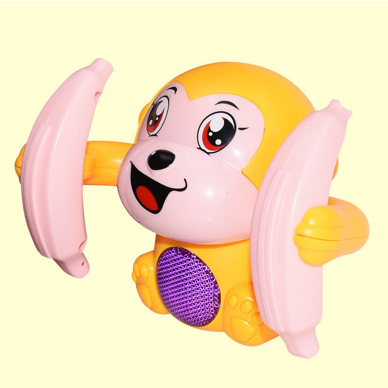An electric tumbling monkey toy with lights and sounds, marketed for babies and toddlers.