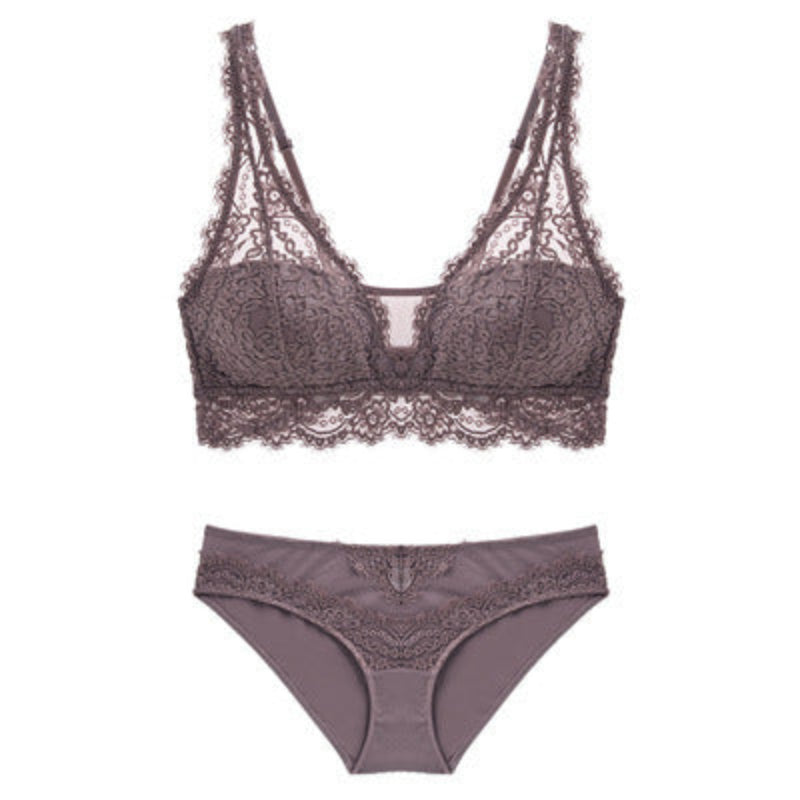 Lace bra and panties set on a white background