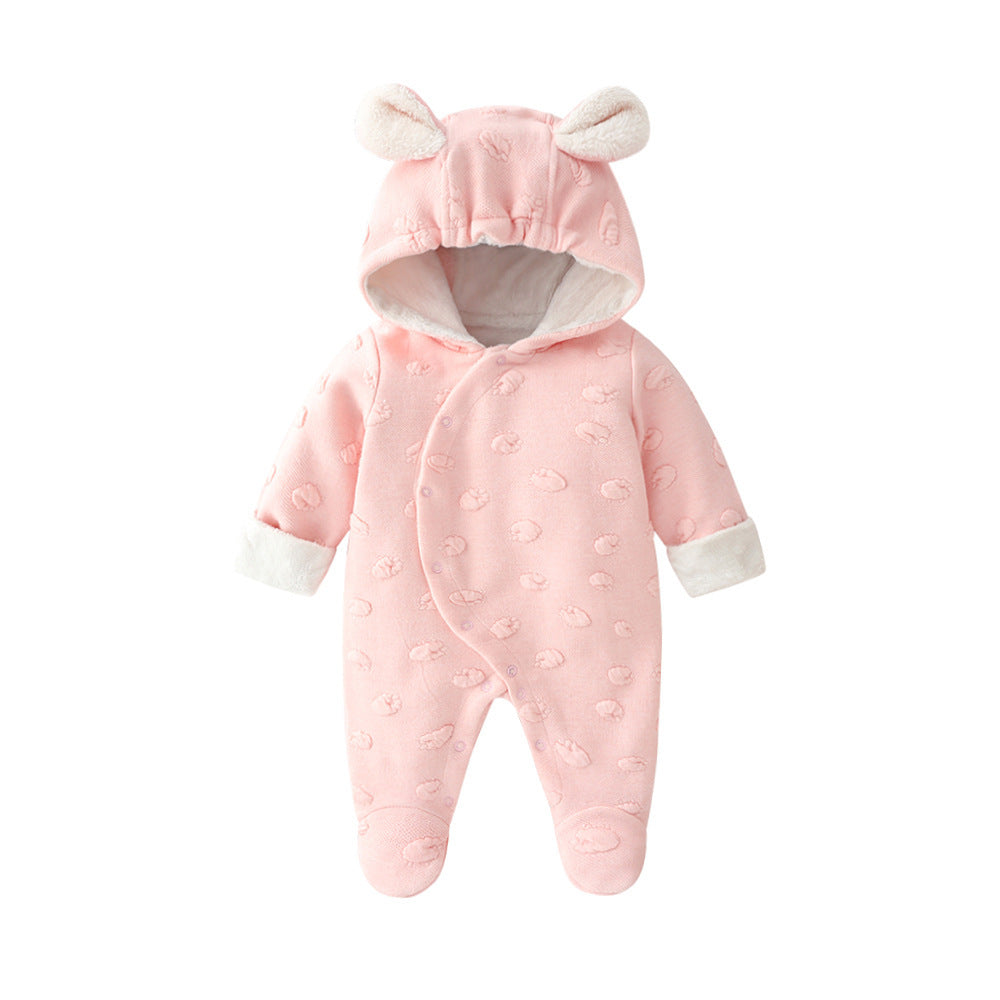 Two baby onesies, one in light blue and one in soft pink, with long sleeves and bear-like ears on the hood, displayed against a white background.
