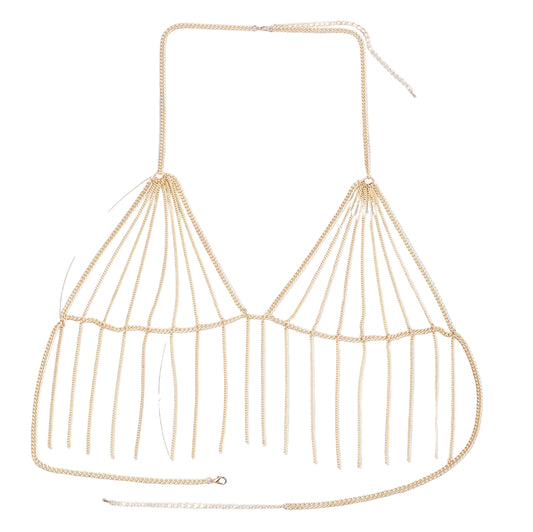Gold chain necklace with measurements on a light blue background