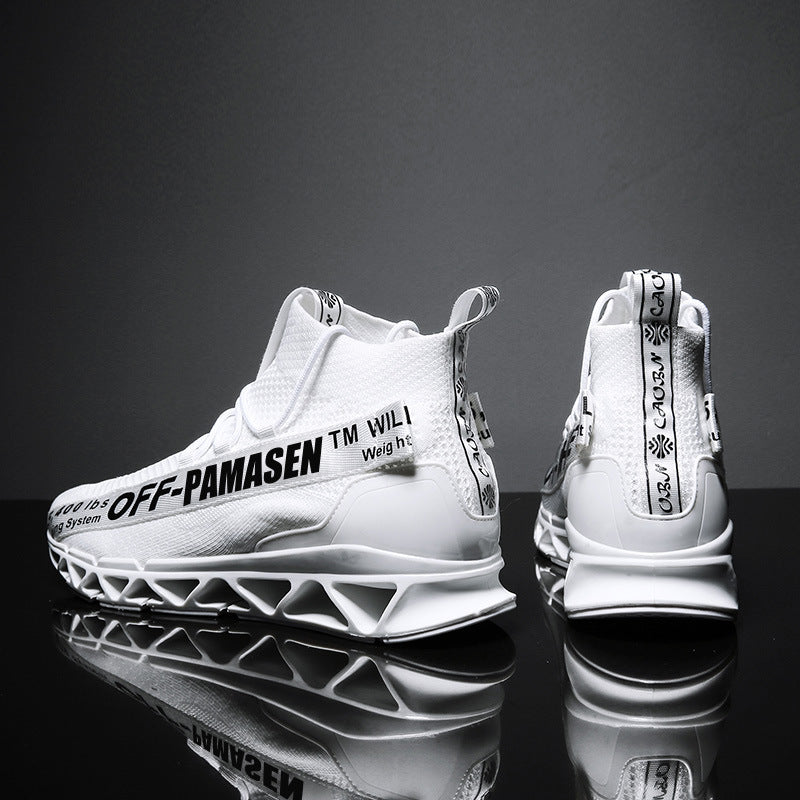 White high-top sneakers with text on a reflective black surface and gray background
