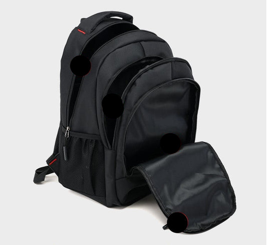 Black backpack with labeled compartments on a white background