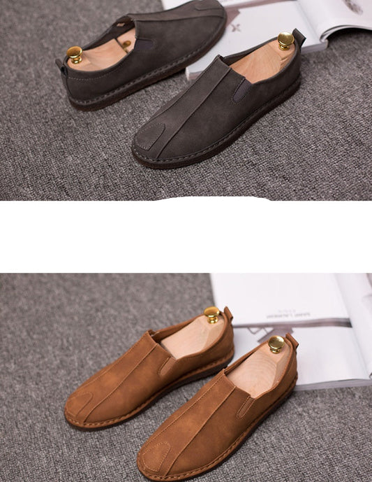 Pair of brown loafers on a textured surface with text overlay.