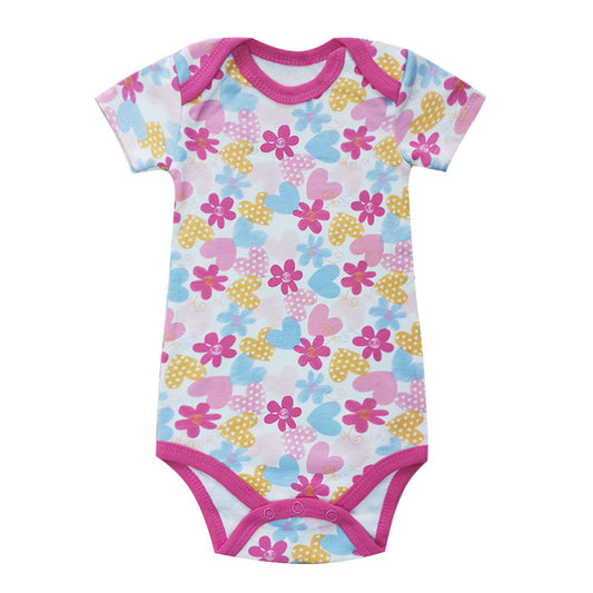 Baby onesie with colorful floral pattern on a white background