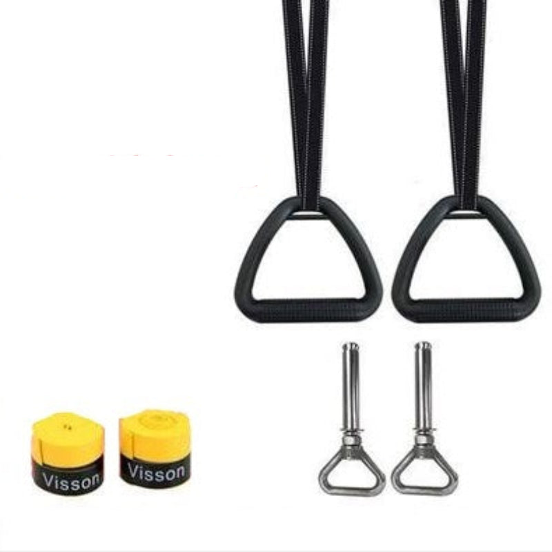 Black gym straps with hooks, yellow resistance bands, and metal connectors on a white background.