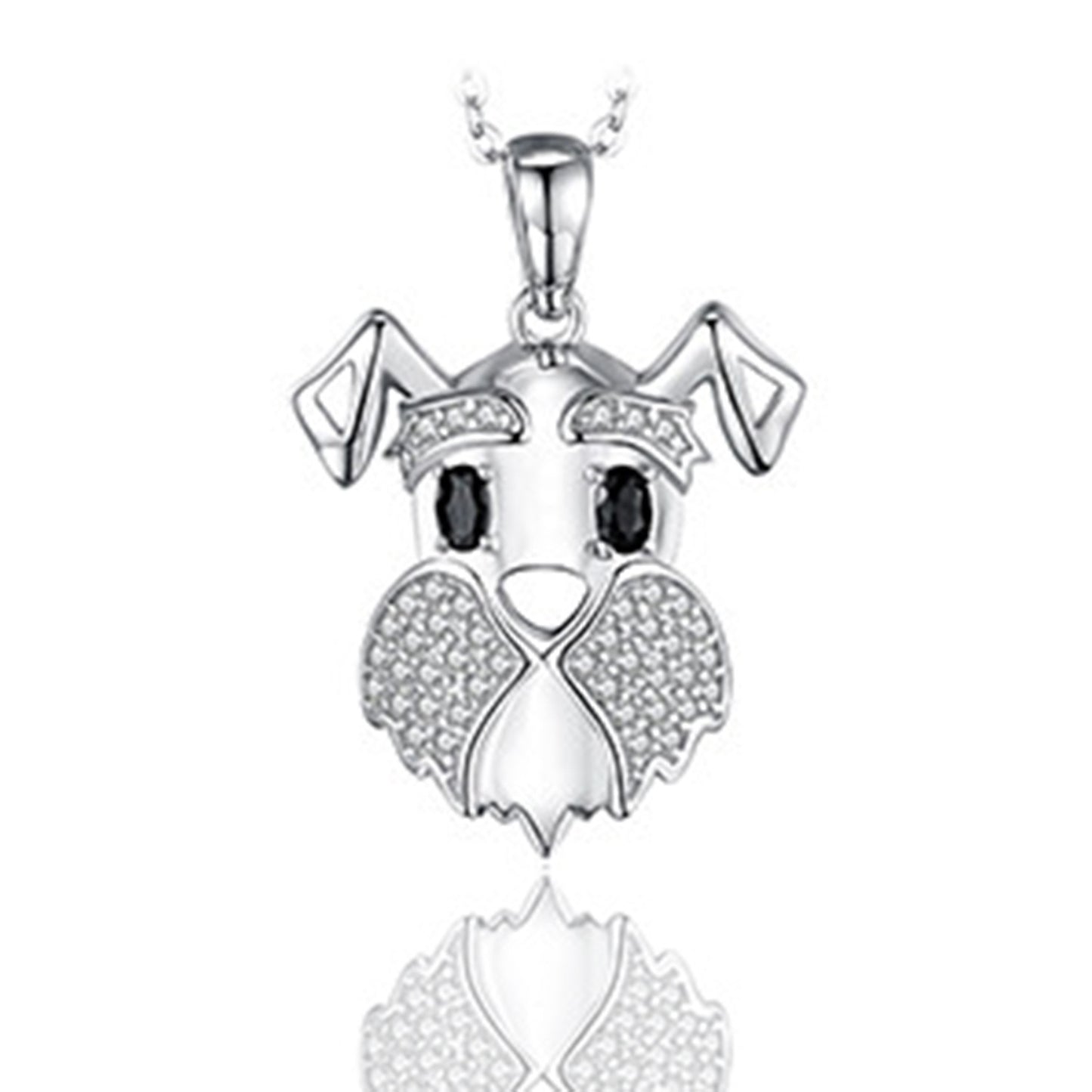 Silver dog-shaped pendant with black eyes on a white background