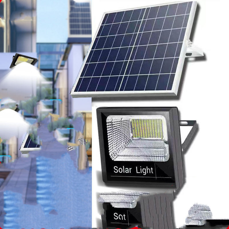 Solar light fixture with solar panel on a blurred cityscape background