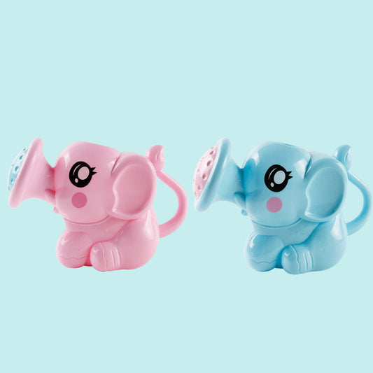 Two elephant-shaped bath toys, one pink and one blue, on a light blue background.