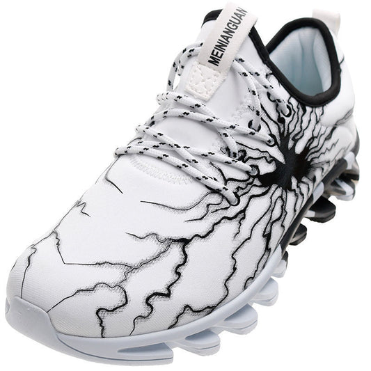 White sneaker with black abstract patterns on a white background