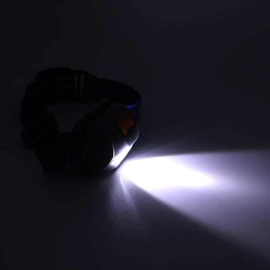 A small, black mini headlight emitting a strong white light, placed on a surface and pointed forward, demonstrating its lighting capability in a dark environment.