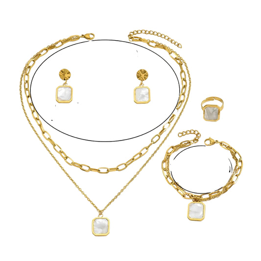 Gold jewelry set with measurements on a white background