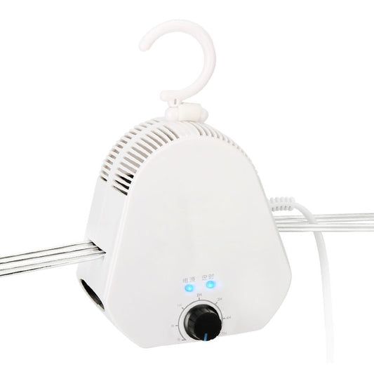 White hair dryer with a hook on a white background