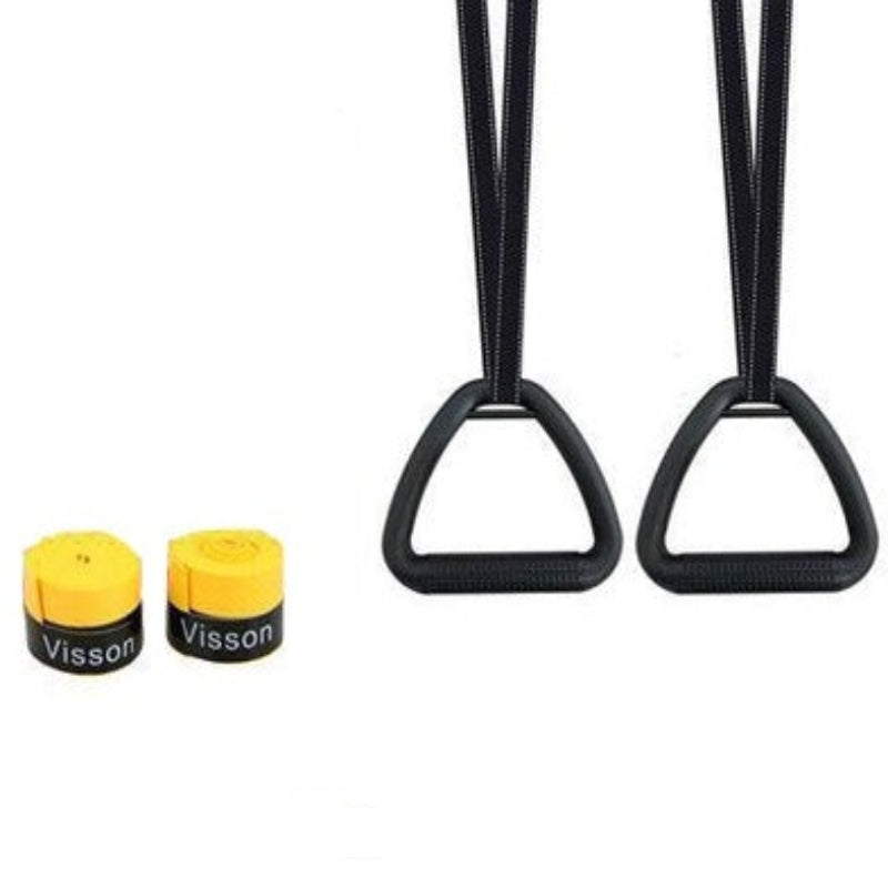 Black gym straps with yellow handles and 'Visson' branding on a white background.