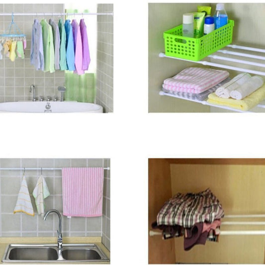 Collage of towel storage solutions including hanging, under sink, and cabinet storage.