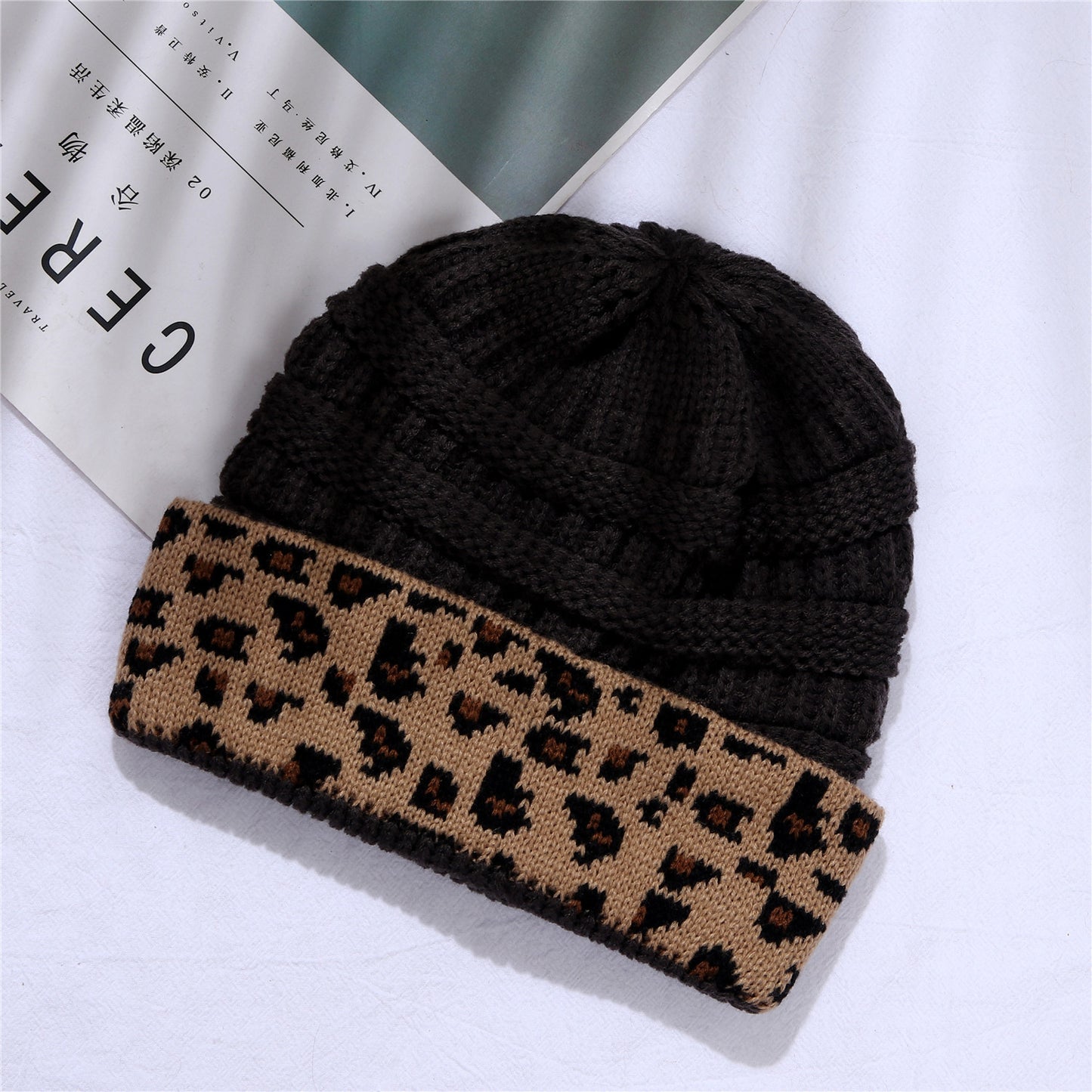 Leopard Print Cuffed Knitted Hat for Women