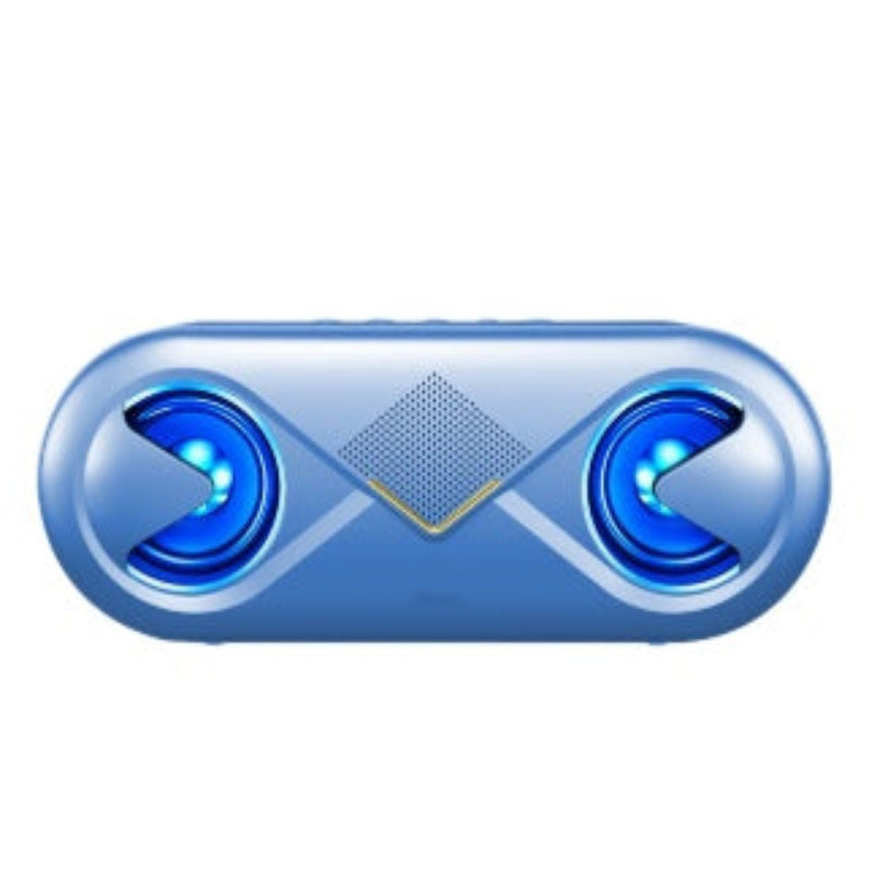 A black wireless Bluetooth speaker with a plastic shell and two speakers on the front. It is connected to a blue TF card and has control buttons on the top.