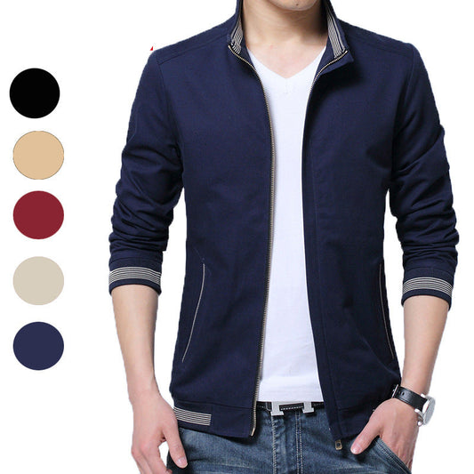 Navy blue jacket worn by a person with color swatches below on a white background