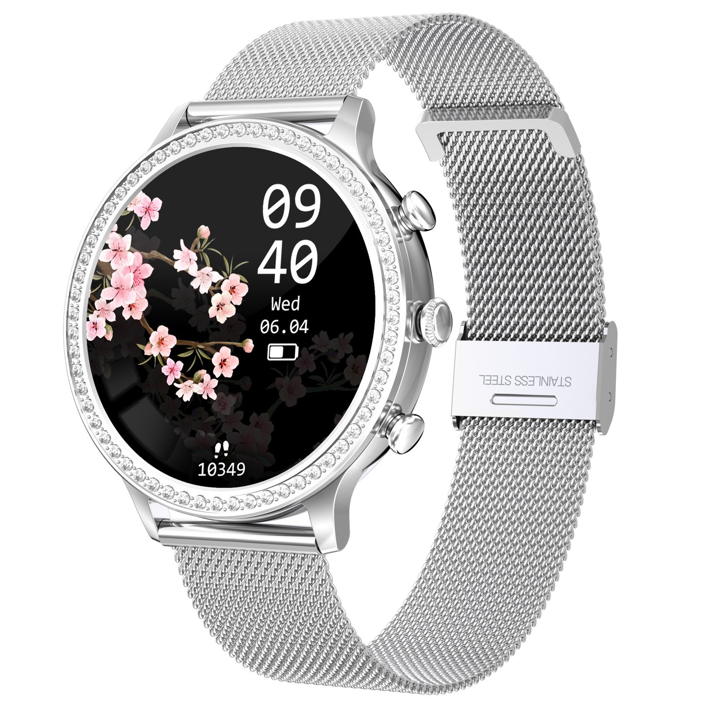 Silver smartwatch with floral display on a white background