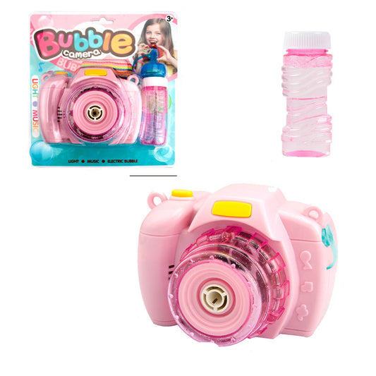 Pink bubble camera with packaging, dimensions, and a bottle of bubbles.