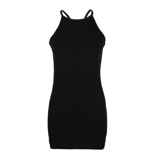 A long black sleeveless dress with a square neckline and stitching details.